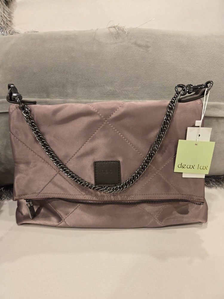 Brand New Deux Lux Dark Pink Satin Purse With Silver Chain
