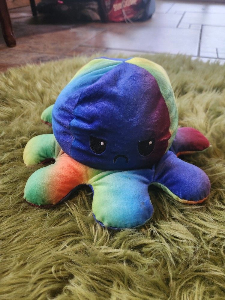 Reverseable Happy/Mad Rainbow Octopus Stuffed Animal
