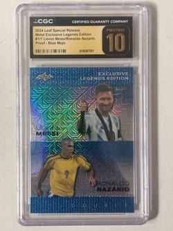 Lionel Messi / Ronaldo Nazario 2024 Leaf Special Release Metal Exclusive Legends Edition Proof Blue Mojo #1/1 (CGC 10 | Black Label)