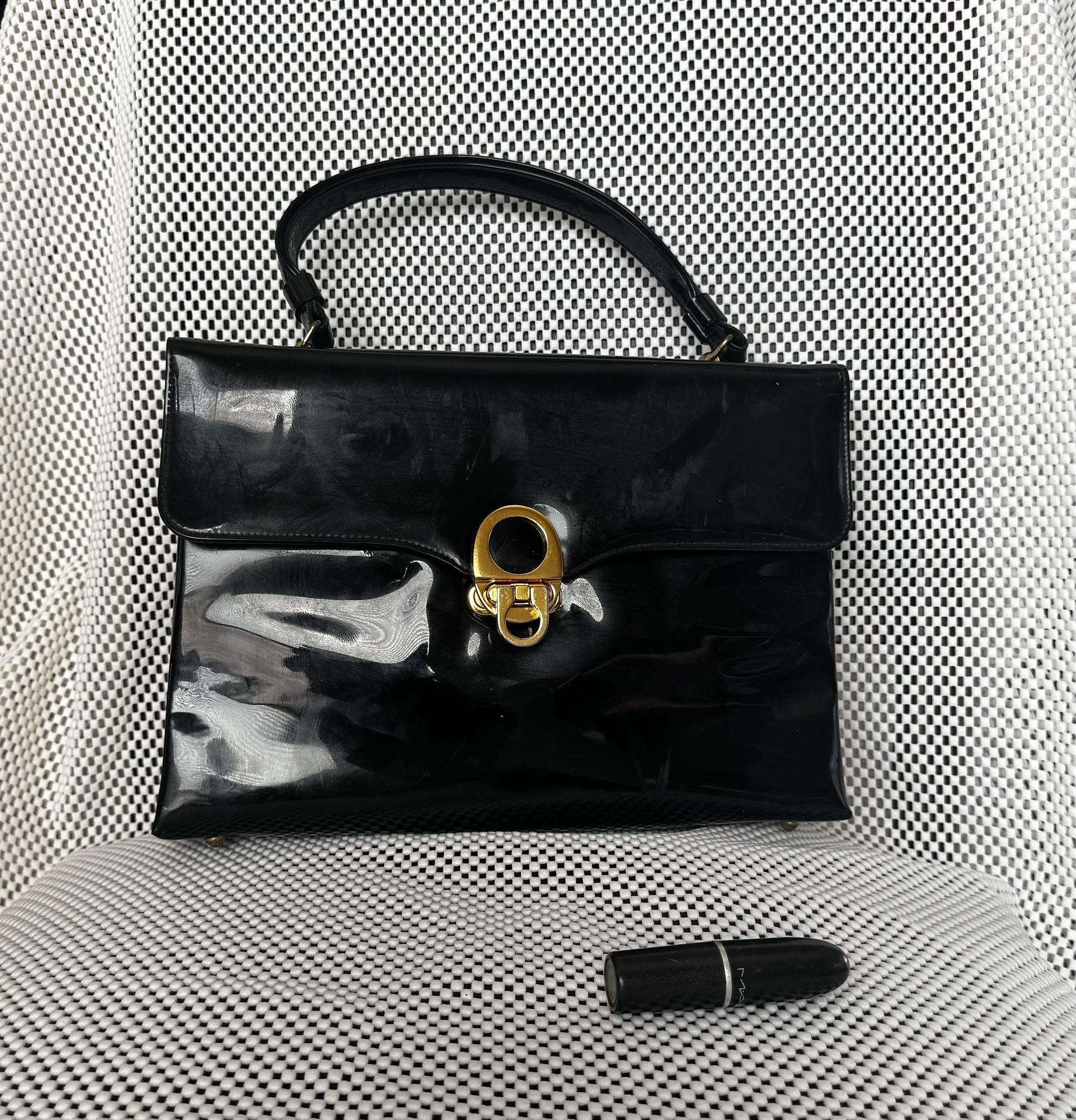 Vintage Black Patent Leather Top Handle Bag – Gold Turnlock Closure