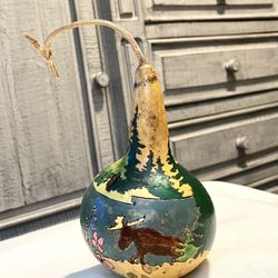 **VINTAGE** Handpainted Gourd - Northeast America Scene - Moose - Cabincore