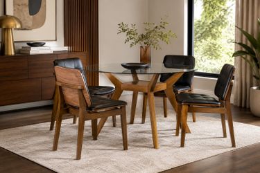 5 Piece Brown Round Glass Dining Table Chairs Set Mid Century Comedor Sillas Messa