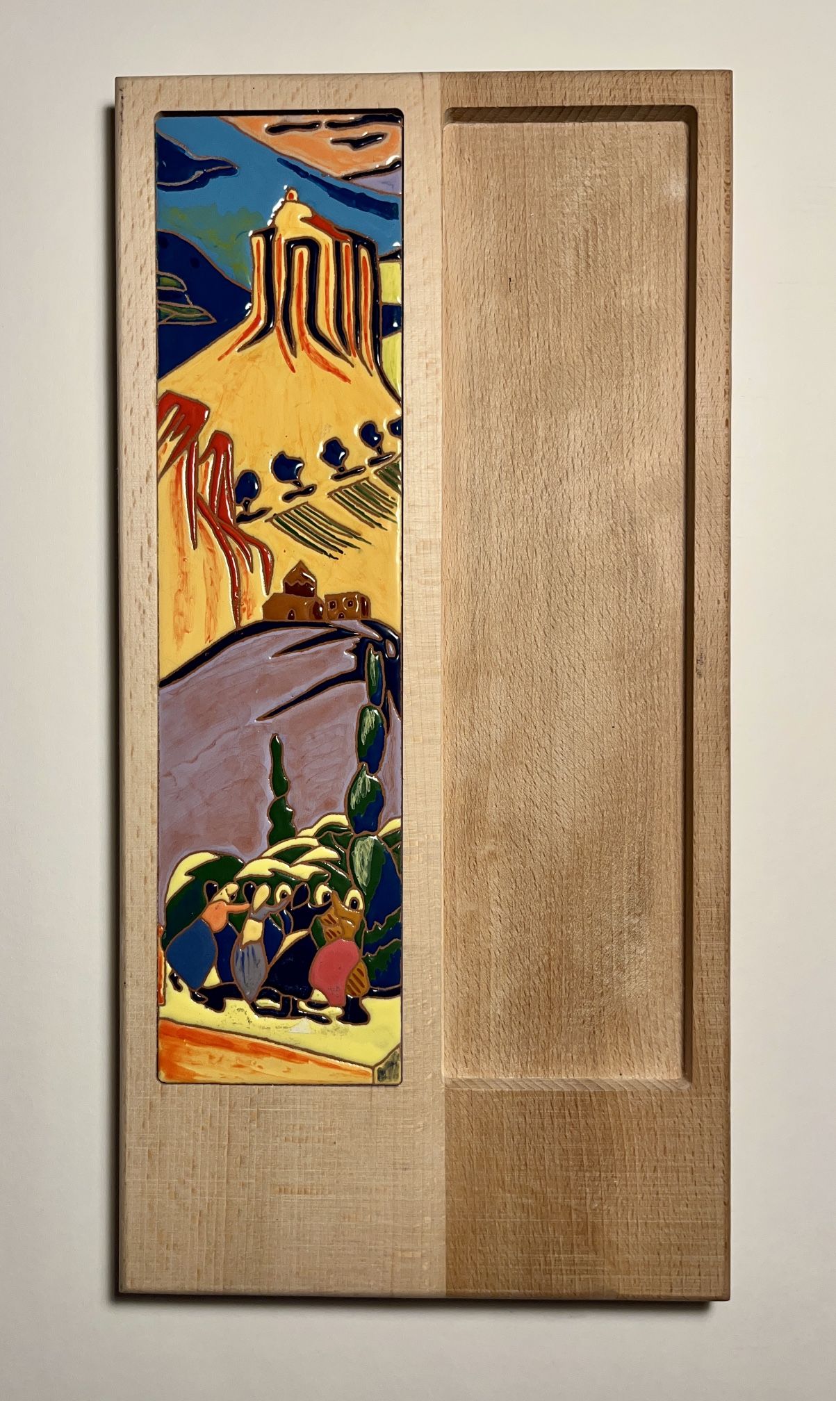 RARE Armenian ManeTiles Wooden Cheese Board with Ceramic Tile Inlay 16" x 8"