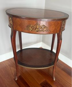 Vintage French Style Marquetry Oval Side Table with Ormolu Mounts