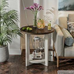 Round Wood End Tables with Storage, Rustic Farmhouse Accent Table with Distressed Wood Top, Circle Table for Living Room, 24Dx24Wx24H in