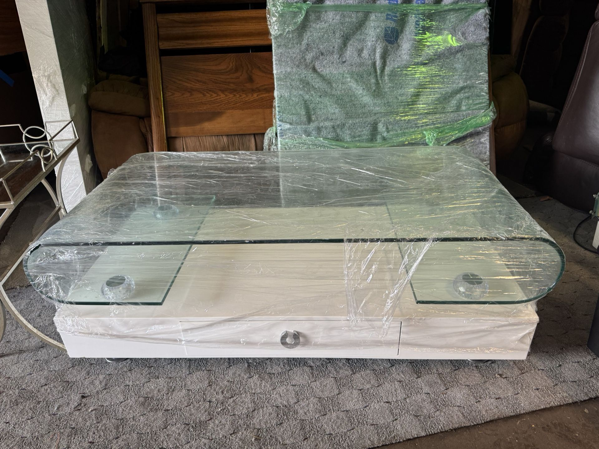 High-end curved, glass, white coffee table