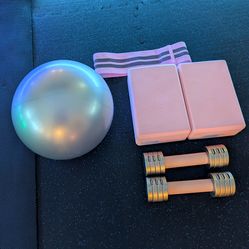 Pilates Starter Bundle: Manduka blue yoga mat, adjustable pink weights, pink yoga blocks, pink resistance band, silver pilates mini ball