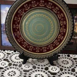 Turkish Hand Painted Gold Lace Red Glass Platter 13”