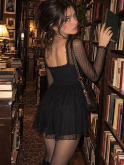 Art Class Black Smocked Mini Dress Sheer Polka Dot Sleeves Whimsigoth Gothic Fairycore XL 15/17