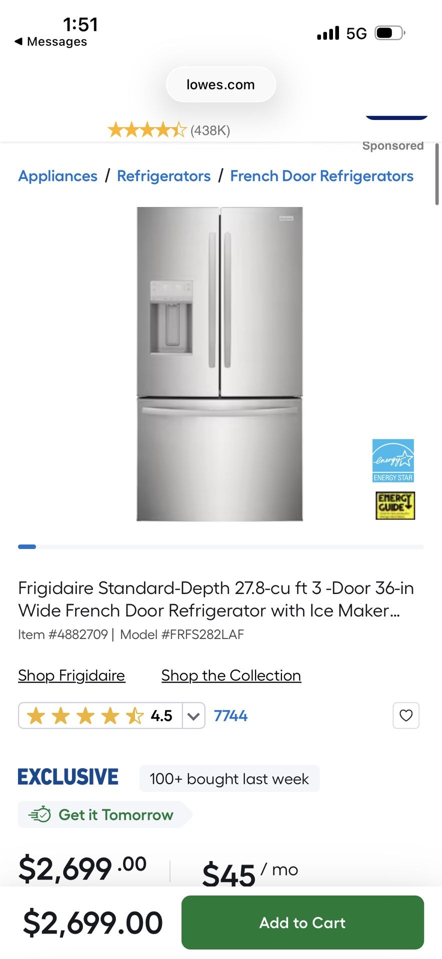 27.8cu Frigidaire French Door Refrigerator