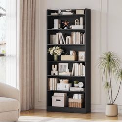 7-Tier Tall Bookcase Adjustable Shelves Open Storage, Black