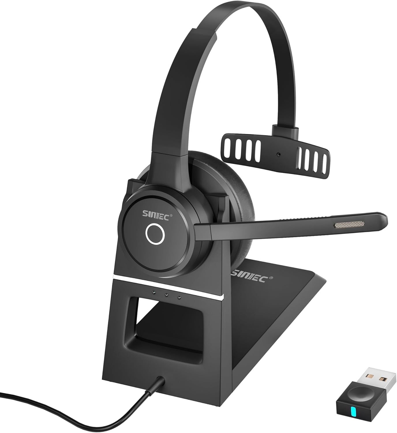 SUNITEC Bluetooth Headset Noise Cancelling Microphone Charging Base USB Dongle Home Office PC Mac