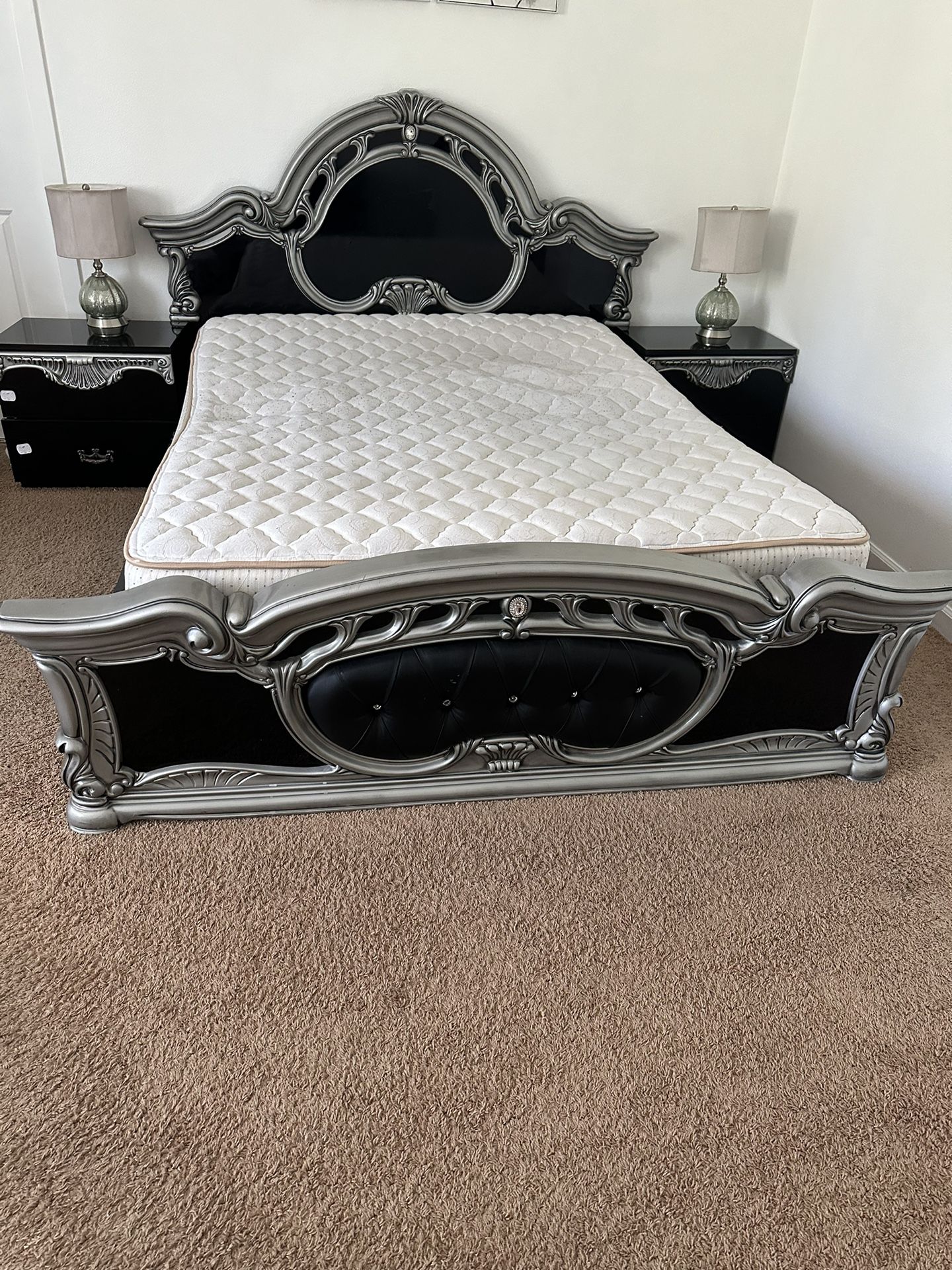 Classic Bed Set Queen Size  One Bed  Two Night Stands Dresser Mattress And Spring Both No Platform Stand Wood