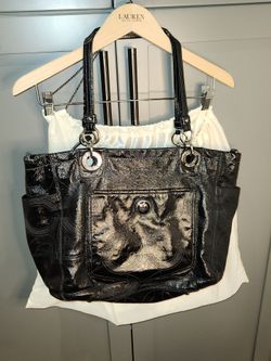 XL 19x12x8 Vintage COACH Oversized Patent Leather Bag Black Silver Chains RARE FIND