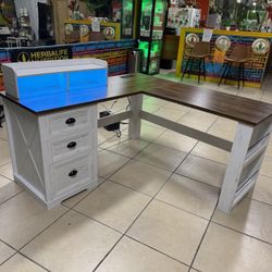 L Shaped desk with monitor stand, farmhouse style computer desk with LED light and power outlet, executive home office desk with filing cabinet Minor 
