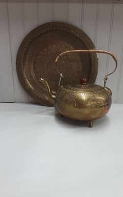Brass Engraved Tea Pot & Brass Platter Set- Located in Shelton