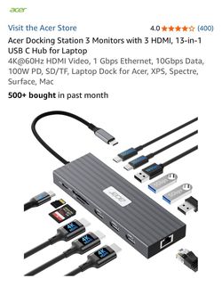 Acer Docking Station 3 Monitors with 3 HDMI, 13-in-1 USB C Hub for Laptop 4K@60Hz HDMI Video, 1 Gbps Ethernet, 10Gbps Data, 100W PD, SD/TF, Laptop Doc