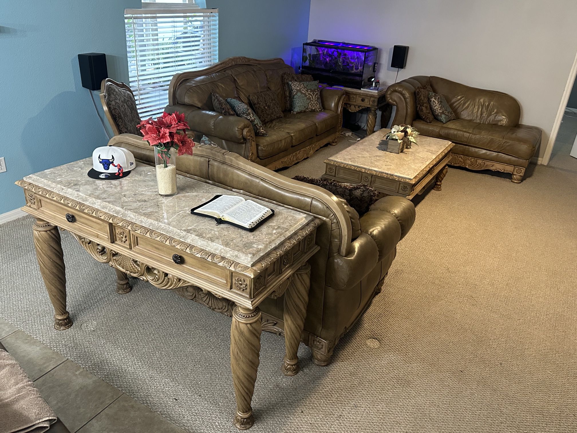 HUGE LEATHER Living Room Set With (2) End Tables Coffee Table And Side Bar Table All With MARBLE TOPS 
