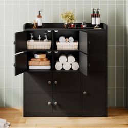 43.6'' Bathroom Floor Cabinet, Freestanding Storage Closet, with 4 Layers 10 Storage Cabinet, Black