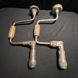 2 Old Vintage Hand Crank Ratchet Drill Wooden Handle