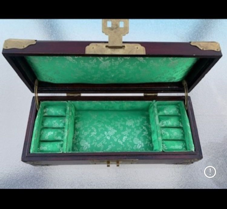 Antique Shanghai China Cherry Wood & Jade Jewelry Box with Gold Brass Hardware