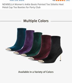 NEWBELLA Women's Ankle Boots Pointed Toe Stiletto Heel Metal Cap Toe Booties for Party Club