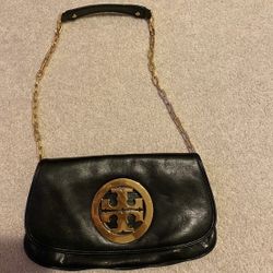 Tory Burch Clutch black small bag with gold logo & gold Chain strap
