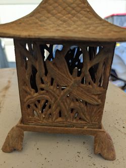 Vintage Cast Iron Lantern Dragon Fly Pagoda Candle Holder