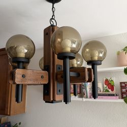 Vintage Mcm Wooden Chandelier Light Fixture 