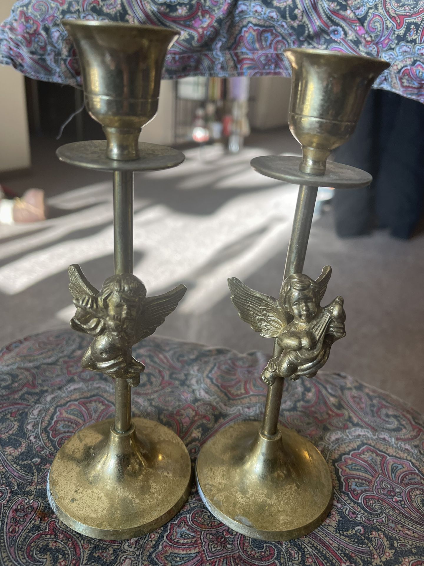 Vintage Gold Candlesticks With Angles On Them