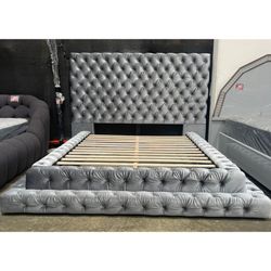 Modern classic Gray button tufted flannelette platform King bed frame
