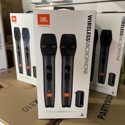 JBL two UHF wireless microphone system with rechargeable receiver that can last up to 6 hours Microphones use AA batteries. 