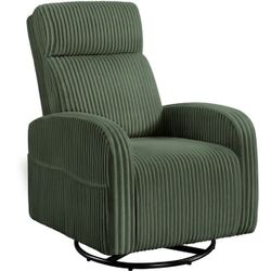 360° Swivel Glider Chair for Nursery, Rocking Chair Nursing Chair with Side Pockets, Corduroy Glider for Living Room with High Back Dark Green