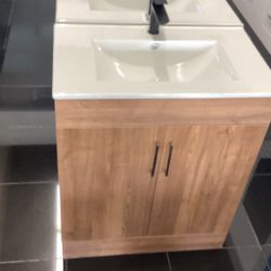 30” Walnut Grain Vanity Cabinet With Shelf And Porcelain Sink