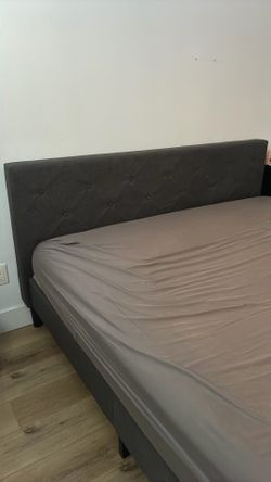 dark gray fabric california king sized bed frame includes with memory foam mattress