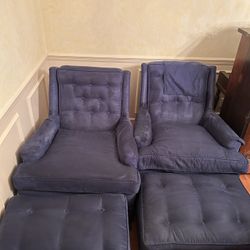 2 Blue Faux Blue Suede Arm Chairs With Ottoman
