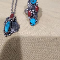 Turquoise And Coral ring And Pendant Navajo