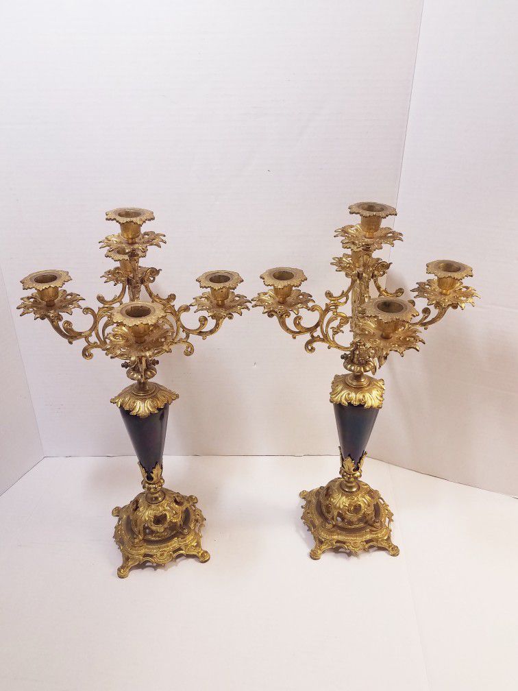 2 Antique French Cobalt Bronze Candelabra's/ Candle Holders 