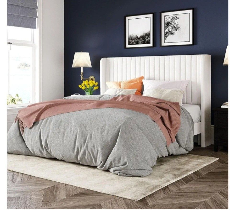Full Bed Velvet Bed Frame/Vertical Channel Tufted Wingback Headboard/Upholstered Platform Bed/Strong Wooden Slats/No Box Spring Needed/Easy Assembly/