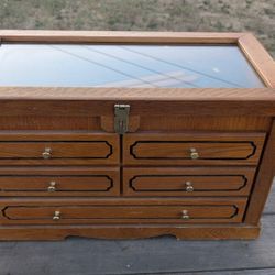 Vintage Wooden Display Chest w/ Glass Lid & 5 Drawers – Brass Handles 13.5x12x23in

