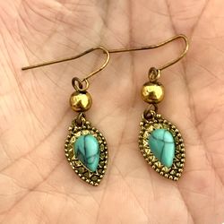 Gold Tone Turquoise Tone Drop Earrings 