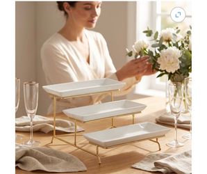 3-Tier White Ceramic Serving Tray with Gold Stand