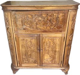 Mid-Century Asian (Taiwan) George Zee flip top Dry Bar and Ice Box, and Carved Chest