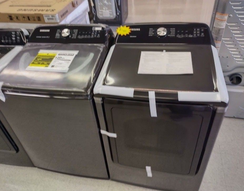 SAMSUNG BLACK STAINLESS STEEL WASHER AND ELECTRIC DRYER OPEN BOX ITEMS O2T3I