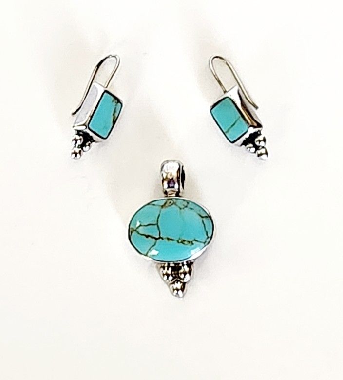 ATI 925 Sterling Silver Mexico Turquoise Pendant & Earrings Set - Juego De Arretes y Dije/Pendiente Turquesa - Xmas Gift