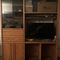 Oak Entertainment center On Rollers - plus Matching Side Cabinet Also On Rollers