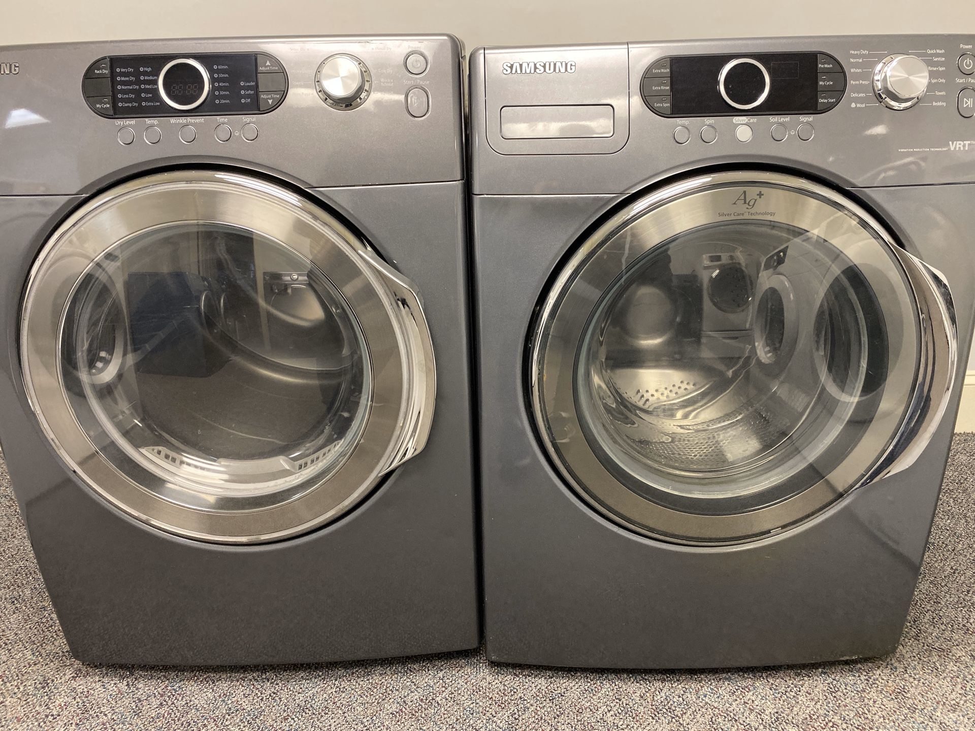 GREY SAMSUNG HIGH EFFICIENCY FRONT LOAD WASHER AND DRYER SET