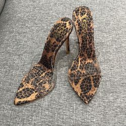New Olivia Jaymes Women's Transparent Leopard Pattern Stiletto Heeled Mule Sandals   Size 8 - 8.5 - 9 available  
