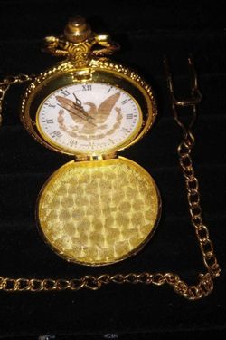 Gold Tone Metal American Eagle Pocket Watch New Condition - Needs Battery AS Is NOT SOLID GOLD