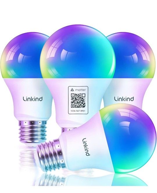 Linkind Matter Smart Light Bulb, Smart Bulbs Work with Apple Home/Siri/Alexa/Google Home/SmartThings, LED RGBTW Color Changing Bulbs Music Sync, Smart